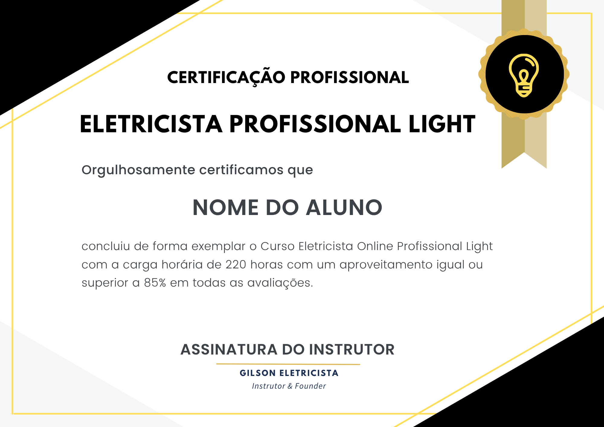 Certificado Eletricista Profissional Light Exemplo